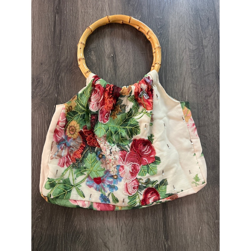 Christiana Vintage Beaded Floral Rayon Handbag with Bamboo Round Top Handles
